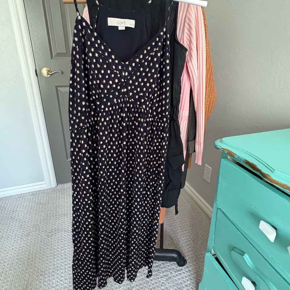 LOFT Large Petite Navy/Black and Tan Polka Dot Dress